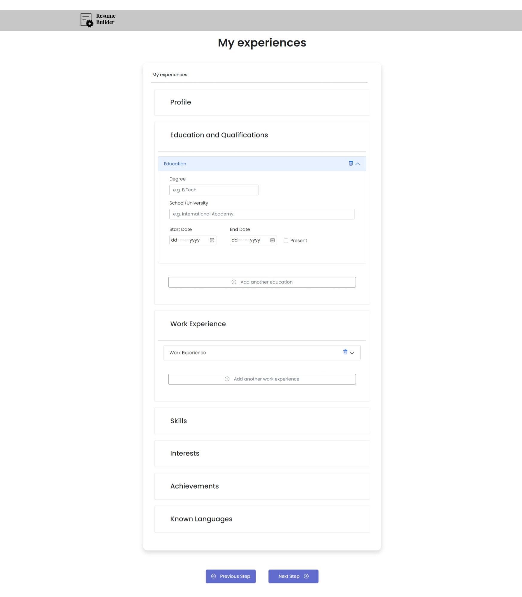 Resume Builder Form