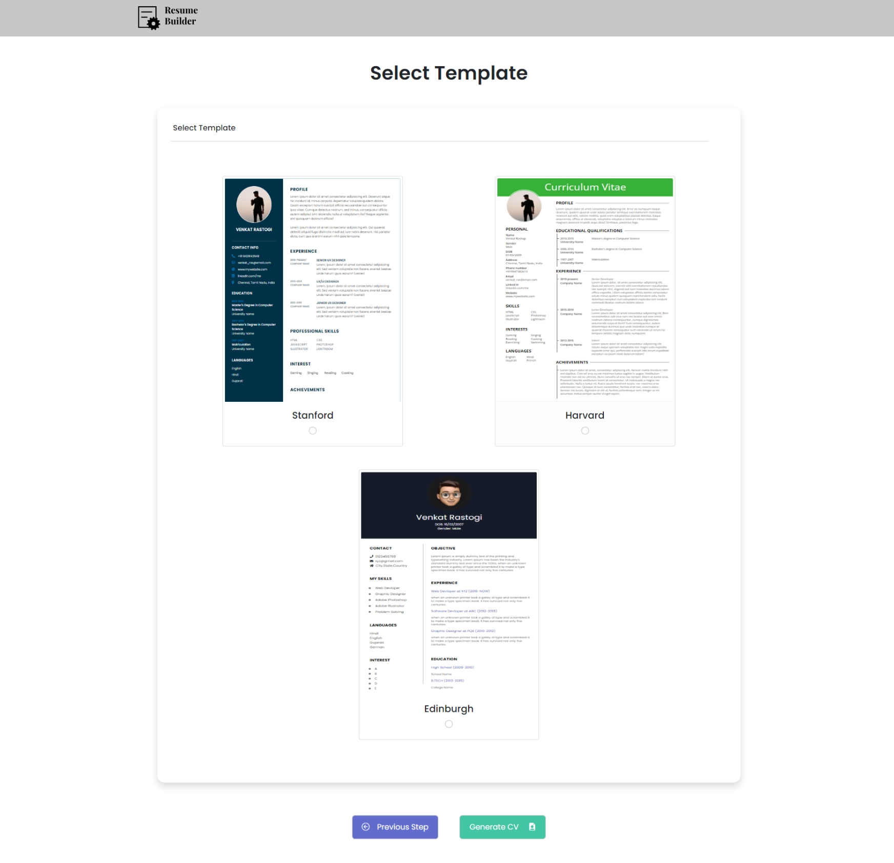 Resume Builder selector